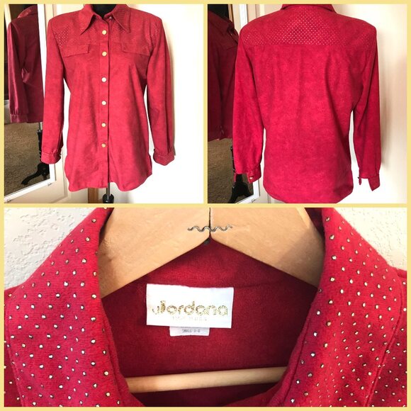 Jordana Metallic Dot Tunic: Vintage 70s Blouse, Red w/Gold Dots, Size Small 6-8 - Picture 9 of 9